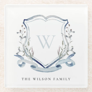 Dessous-de-verre En Verre Elégant bleu Fleur sauvage Aquarelle Monogram Cres