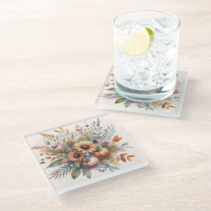 Dessous-de-verre En Verre Élégant Happy Fall Citrouille Flower Bouquet Motif