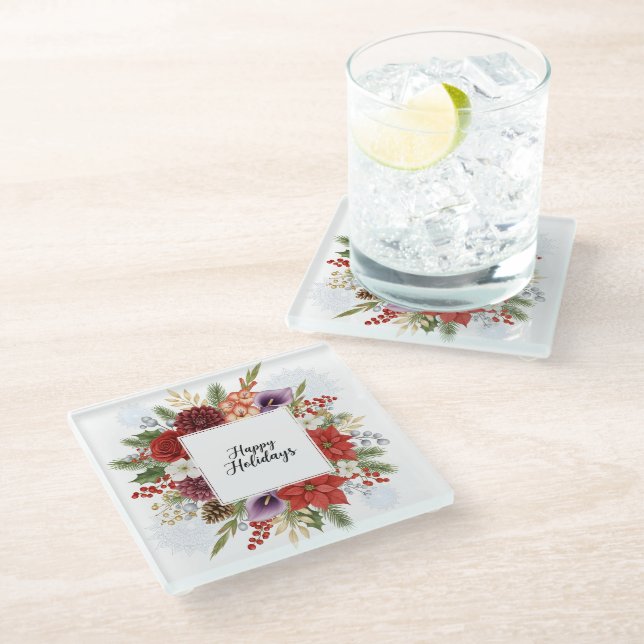 Dessous-de-verre En Verre Elegant Holiday Floral Wreath Happy Holidays (Incliné)