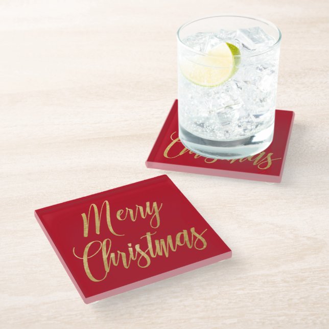 Dessous-de-verre En Verre Elegant Merry Christmas Red & Gold Script Simple  (Incliné)