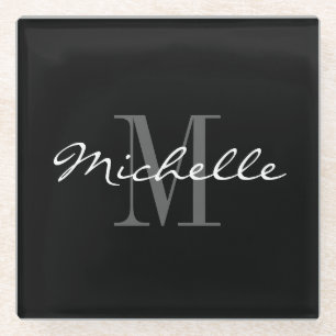 Dessous-de-verre En Verre Élégant monogramme de nom personnalisé noir et bla