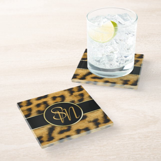 Dessous-de-verre En Verre Élégant Monogramme Empreinte de léopard - Dessous  (Incliné)