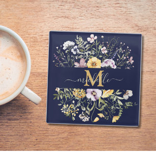 Dessous-de-verre En Verre Élégant Monogramme Jardin Floral De Fleurs Sauvage