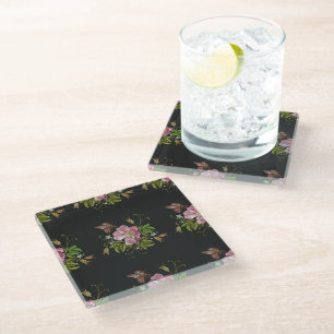 Dessous-de-verre En Verre Élégant Motif floral broderie Arrière - plan noir
