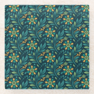 Dessous-de-verre En Verre Élégant motif floral jaune et sarcelle