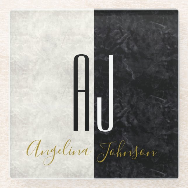 Dessous-de-verre En Verre Élégant noir et Marbre blanc Monogramme (Devant)