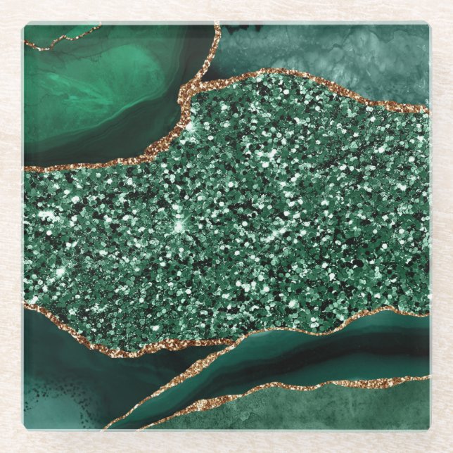 Dessous-de-verre En Verre Elégant Vert et Parties scintillant or Agate Océan (Devant)