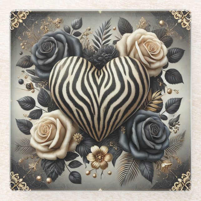Dessous-de-verre En Verre Elégant Zebra Print Heart & Rose (Devant)