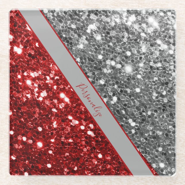 Dessous-de-verre En Verre Élégante Parties scintillant Rouge Argent Sequins  (Devant)