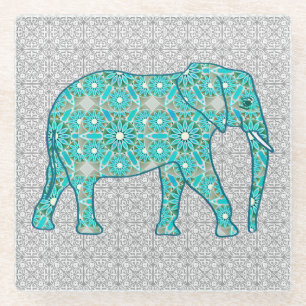 Dessous-de-verre En Verre Eléphant fleur Mandala - turquoise, gris & blanc