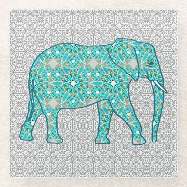 Dessous-de-verre En Verre Eléphant fleur Mandala - turquoise, gris & blanc (Devant)