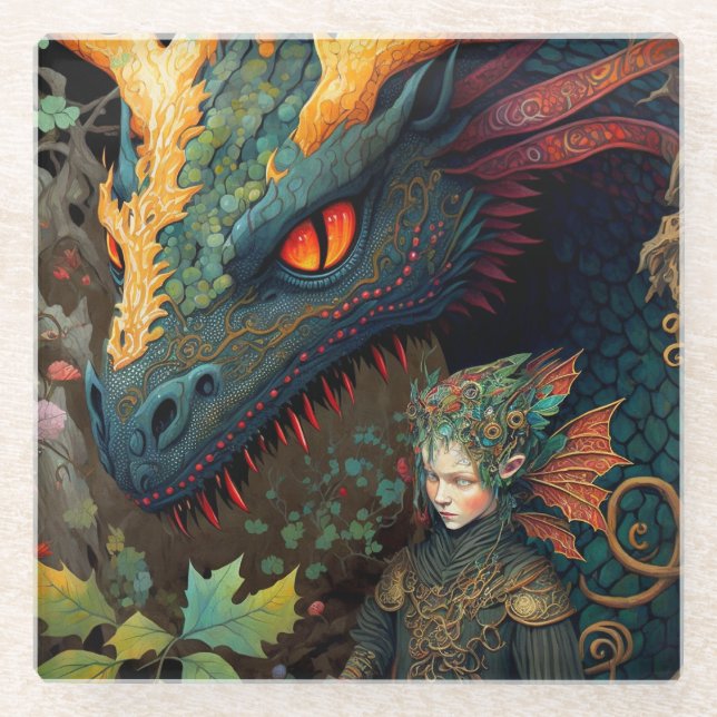 Dessous-de-verre En Verre Elf Et Dragon Imaginaire Art (Devant)