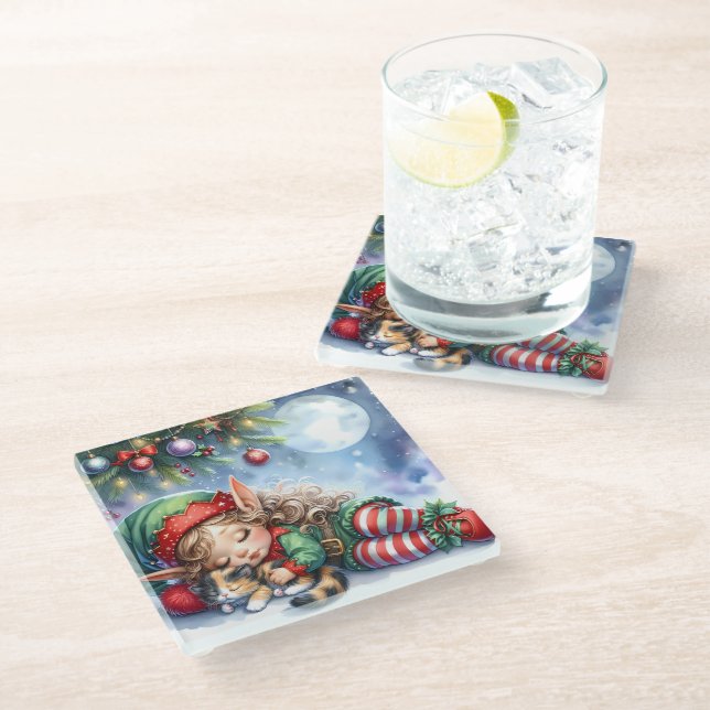 Dessous-de-verre En Verre Elfe de Noël couché avec Calico Kitten (Incliné)