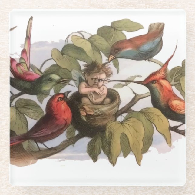 Dessous-de-verre En Verre Elfe des bois dans le nid : Antique Oiseau Sprite  (Devant)
