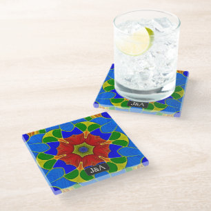 Dessous-de-verre En Verre Émail Bleu - Cloisonné Français - Fleur et initial