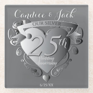 Dessous-de-verre En Verre Emblème du coeur d'argent du 25e Mariage