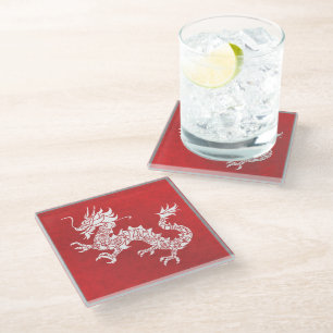 Dessous-de-verre En Verre Emblème tribal du dragon chinois vintage rouge