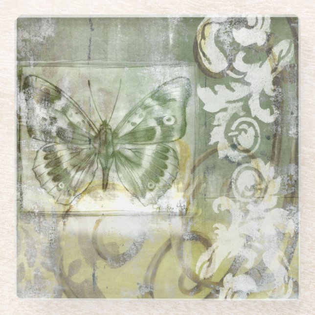 Dessous-de-verre En Verre Encart vert de papillon avec la porte de (Devant)