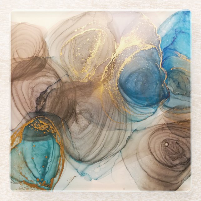 Dessous-de-verre En Verre Encre D'Alcool, Minéral Bleu Abstrait. (Devant)