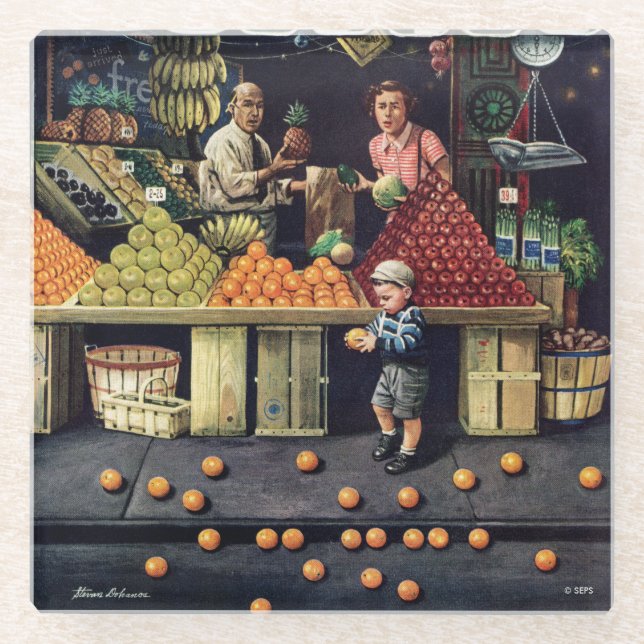 Dessous-de-verre En Verre Enfant en bas âge et oranges (Devant)