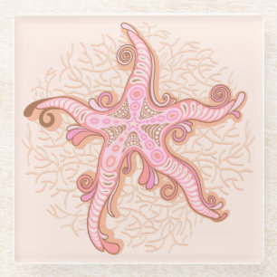 Dessous-de-verre En Verre Étoiles de mer et motif pastel rose corail