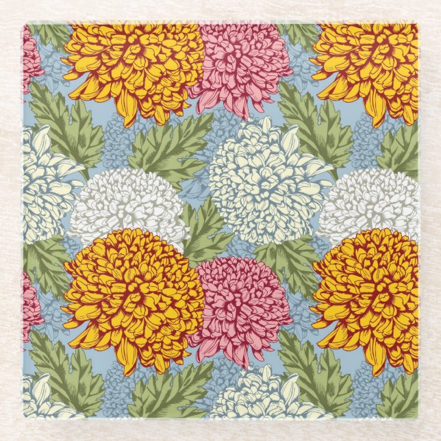 Dessous-de-verre En Verre Excellent motif avec des chrysanthèmes (Devant)