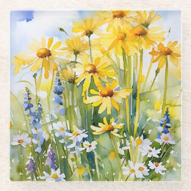 Dessous-de-verre En Verre Fantaisie Jaune joyeuse, fleur sauvage (Devant)