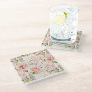 Dessous-de-verre En Verre Fard à joues crème Roses roses florales Mariage
