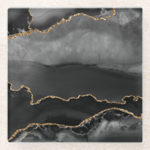 Dessous-de-verre En Verre Fausse Agate Marbrée Grise Paillettes Dorées Pierr