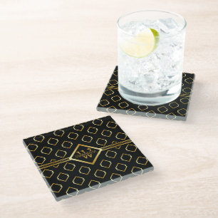 Dessous-de-verre En Verre FAUX motif géométrique doré avec monogramme sur fo