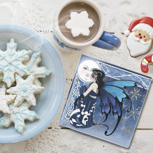 Dessous-de-verre En Verre Fée de la lune d'hiver celtique bleue Flocons de n