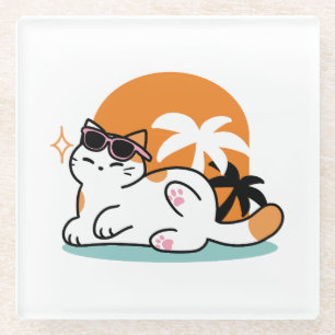 Dessous-de-verre En Verre Feline fin au soleil - Chat Tropical relaxé