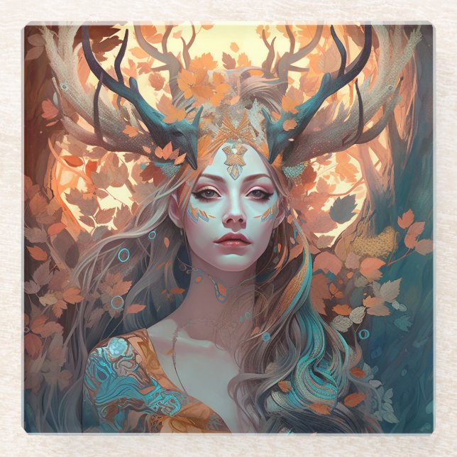 Dessous-de-verre En Verre Femme Avec Antlers Imaginaire Art (Devant)