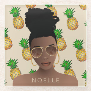 Dessous-de-verre En Verre Femme noire, Couleurs or, Motif ananas, Beige