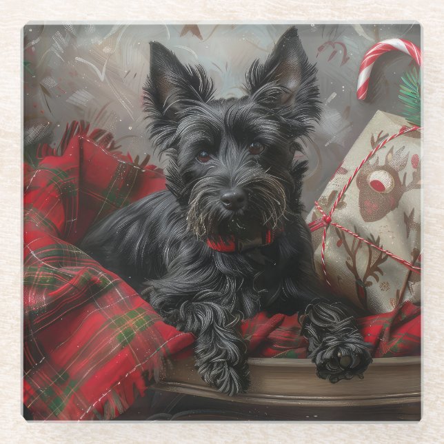 Dessous-de-verre En Verre Festif de Noël écossais Terrier Dog (Devant)