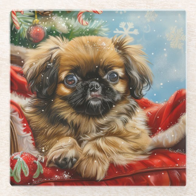 Dessous-de-verre En Verre Fête de Noël des chiens de Pékin (Devant)