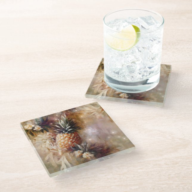 Dessous-de-verre En Verre Fête des mariées étincelante aux ananas tropiques (Incliné)