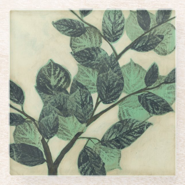 Dessous-de-verre En Verre Feuille et branches sur l'arrière - plan crème (Devant)