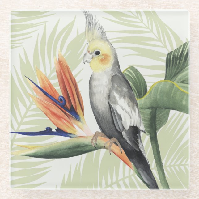 Dessous-de-verre En Verre Feuilles de palmiers à oiseaux noirs (Devant)