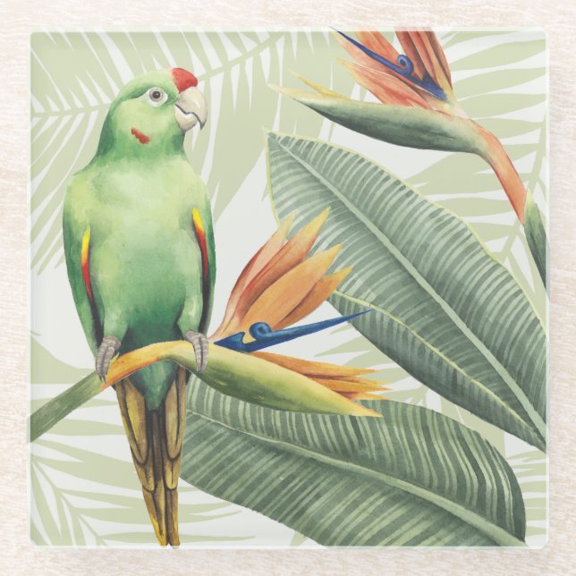 Dessous-de-verre En Verre Feuilles De Palmiers Avec Oiseau Vert (Devant)