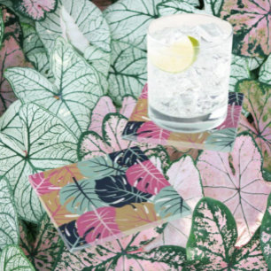 Dessous-de-verre En Verre Feuilles de Palmiers Tropicaux en Rose et Bleu  