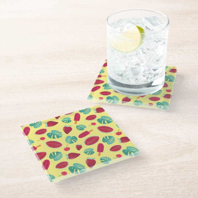 Dessous-de-verre En Verre Feuilles de pavot, cerise, fraise et pastèque (Incliné)