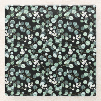 Dessous-de-verre En Verre Feuilles d'eucalyptus : motif de fleurs blanches