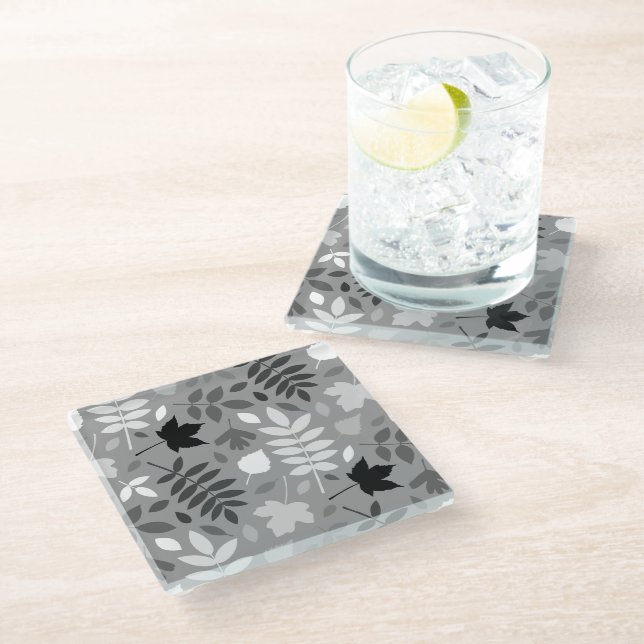 Dessous-de-verre En Verre Feuilles tombés Lg Motif Monochrome sur Grey (Incliné)