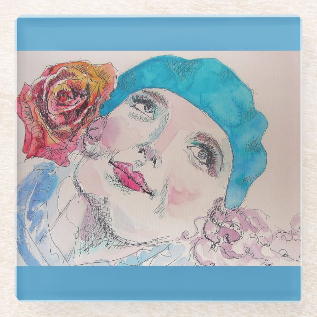 Dessous-de-verre En Verre Fille avec Rose rouge Beret Aquarelle (Devant)