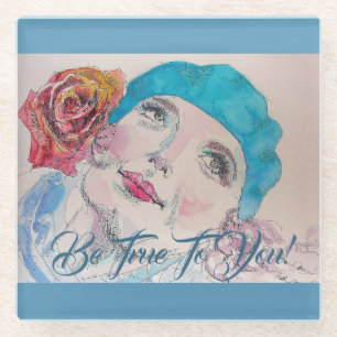 Dessous-de-verre En Verre Fille Avec Rose Rouge Beret Soyez Fidèle À Vous De