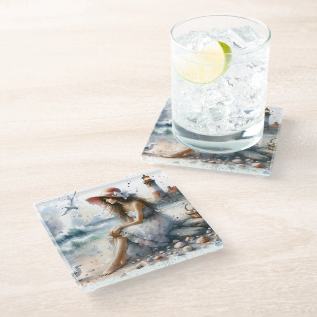 Dessous-de-verre En Verre Fille d'aquarelle romantique par phare (Incliné)