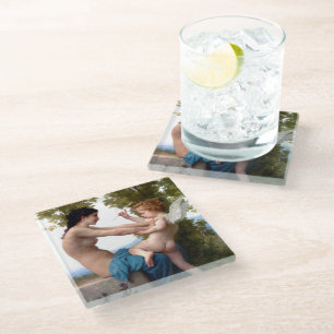 Dessous-de-verre En Verre Fille Se Défendant Contre Eros Cupid Fine Art