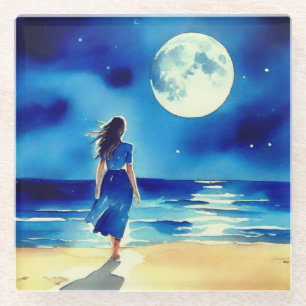Dessous-de-verre En Verre Fille sur la plage sous une Pleine lune