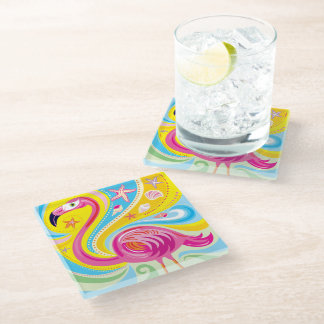 Dessous-de-verre En Verre Flamant rose avec étoile de mer